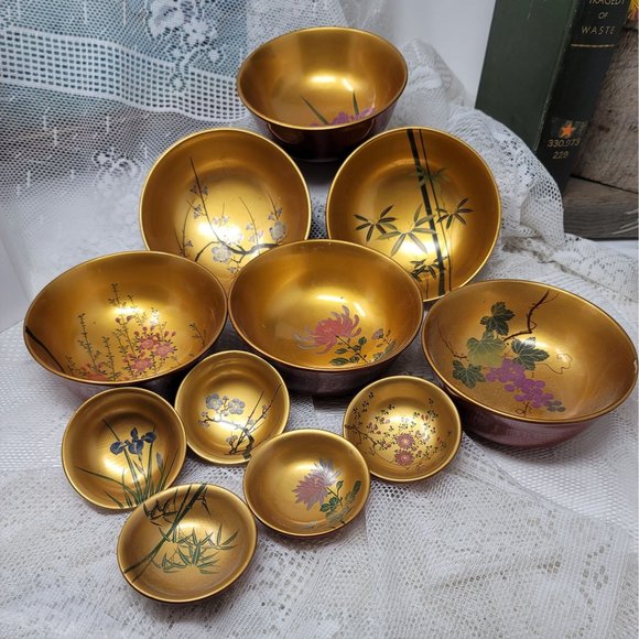 Vintage Wood Lacquer Bowl Set 11 Pc Set SZK - Picture 1 of 16